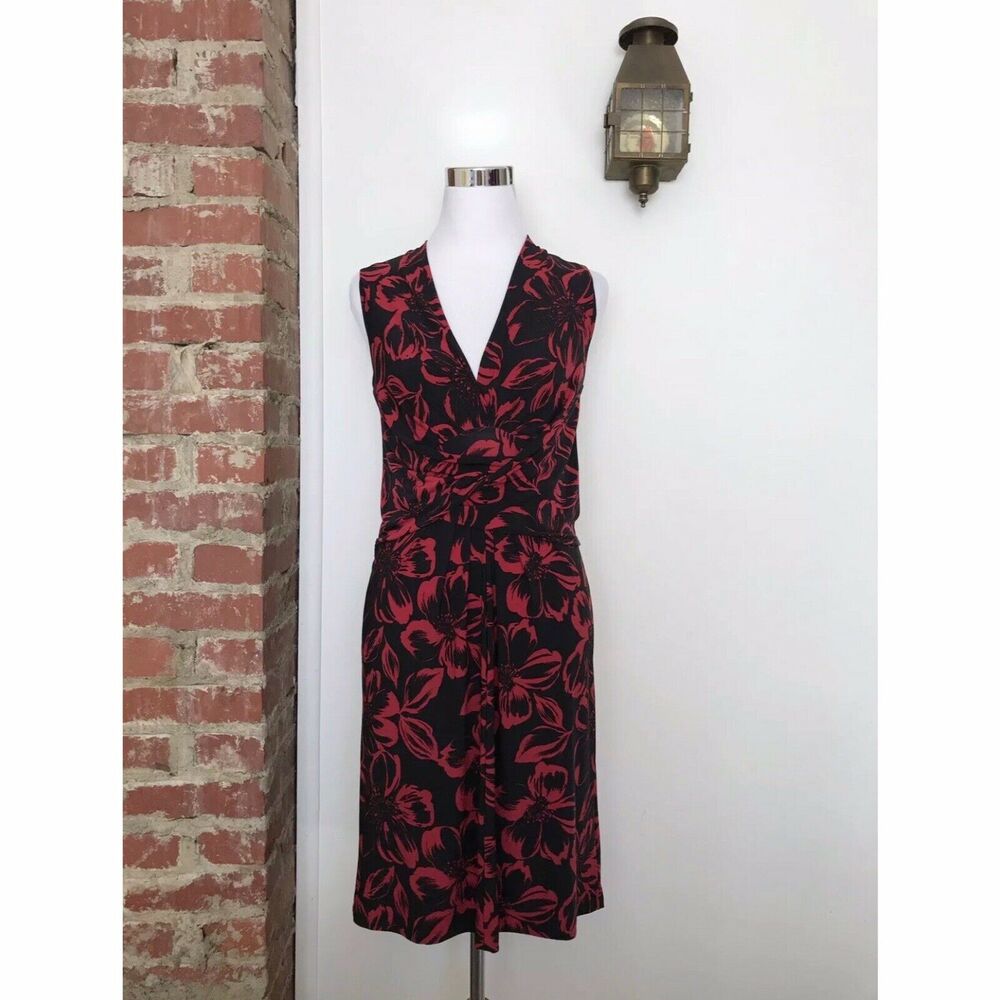 Norma Kamali Tie Wrap Dress Crisscross Black Red Floral Sleeveless Womens Size S